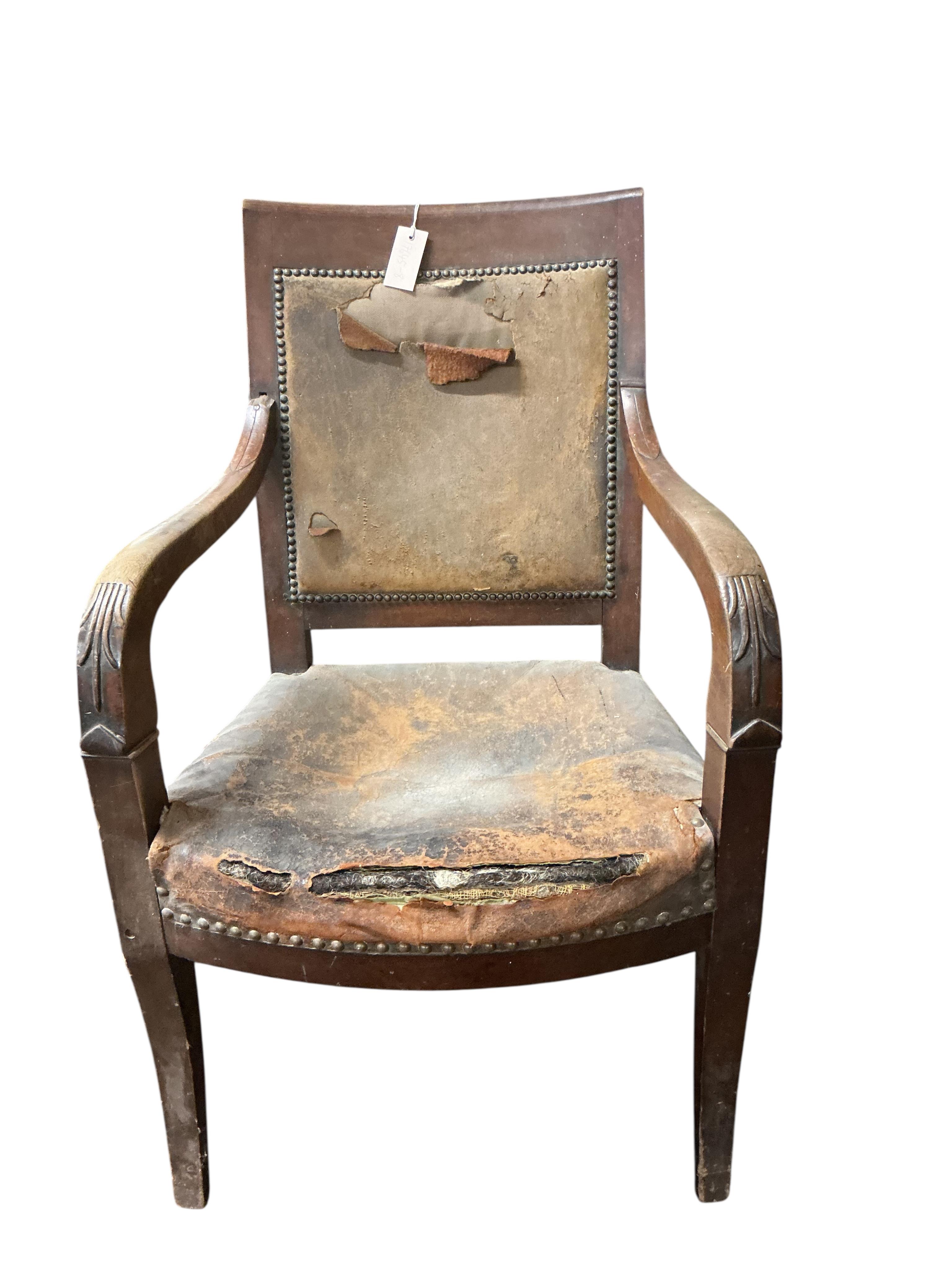 A 19th century French Empire mahogany fauteuil, (requiring restoration), width 59cm, depth 46cm, height 93cm